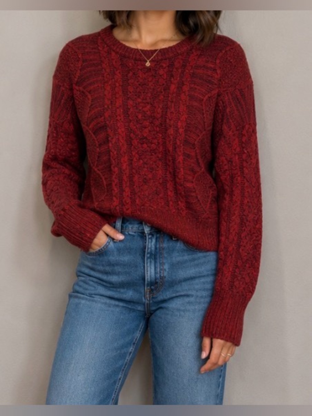 John +Jenn J+J Sweater Cable Knit Crew Neck Cherry Red Holiday Vintage Thick